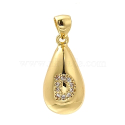 Rack Plating Brass Micro Pave Cubic Zirconia Pendants, Long-Lasting Plated, Lead Free & Cadmium Free,Real 18K Gold Plated, Teardrop with Letter Charms, Letter D, 21x11mm, Hole: 5x3mm(KK-L226-102G-D)