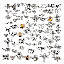 2 Sets 2 Style Tibetan Style Alloy Pendants, Butterfly & Dragonfly & Bees, Antique Silver, 9.5~31.5x11~28.5x1~3mm, Hole: 1.2~2mm, 1 set/style(FIND-HY0002-87)
