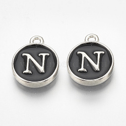 Alloy Enamel Charms, Flat Round with Letter, Platinum, Black, Letter.N, 14x11.5x2.5mm, Hole: 1mm(ENAM-T007-01-N)