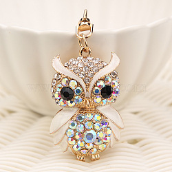 KC Gold Tone Plated Alloy Keychains, with Rhinestone and Enamel, Owl, White, 12.2x3.6cm(KEYC-PW0002-041A)