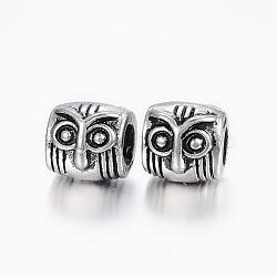 304 Stainless Steel European Beads, Large Hole Beads, Owl, Antique Silver, 10x10x11mm, Hole: 5mm(STAS-H368-39AS)