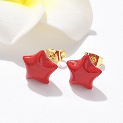 Brass Stud Earrings, with Enamel, Rack Plating, Long-Lasting Plated, Lead Free & Cadmium Free, Star, Red, 11x12mm(EJEW-F359-07G)