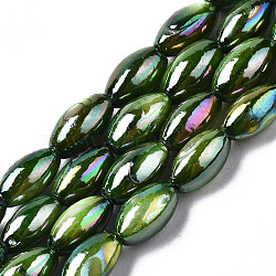 Freshwater Shell Beads Strands, AB Color Plated, Dyed, Rice, Dark Olive Green, 7~8x4mm, Hole: 0.9mm, about 50~52pcs/strand, 14.57 inch~15.35 inch(37~39cm)(SHEL-N026-141B)