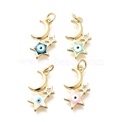 Brass Micro Pave Cubic Zirconia with Evil Eye Enamel Pendants, Real 18K Gold Plated, Star & Moon Charms, with Jump Ring, Mixed Color, 19.5x11.5x2.5mm, Hole: 3mm(KK-G519-04G)