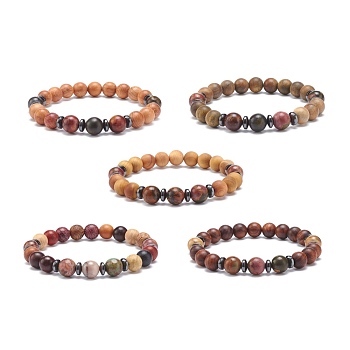Natural Polychrome Jasper/Picasso Stone/Picasso Jasper & Wood Beaded Stretch Bracelet, Yoga Jewelry for Women, Mixed Color, Inner Diameter: 2-1/8 inch(5.4cm)
