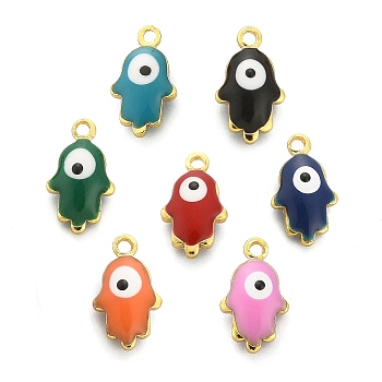 50Pcs Brass Enamel Pendants, Real 18K Gold Plated, Hamsa Hand/Hand of Miriam with Evil Eye, Mixed Color, 10x6x3mm, Hole: 1mm