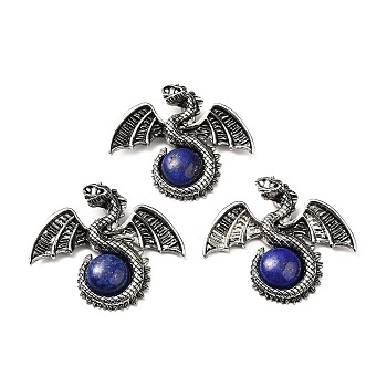 Natural Lapis Lazuli Dyed Big Pendants, Dragon Charms, with Rack Plating Antique Silver Tone Alloy Findings, Cadmium Free & Lead Free, 49x56x12mm, Hole: 6~6.5mm