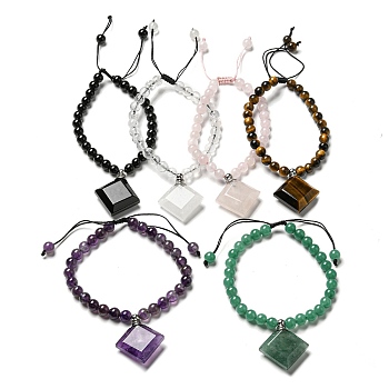 Natural Mixed Stone Charm Bracelet, Braided Adjustable Bracelet, Rhombus, Inner Diameter: 2-1/4~3-1/4 inch(5.7~8.1cm)