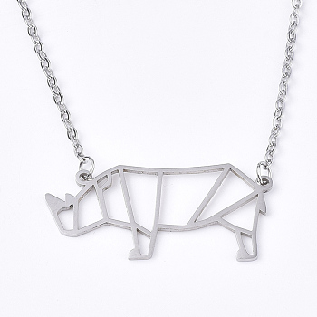 201 Stainless Steel Pendant Necklaces, with Cable Chains, Rhinoceros Shape, Stainless Steel Color, 17.7 inch(45cm), 2mm, Rhinoceros: 17x32x1mm