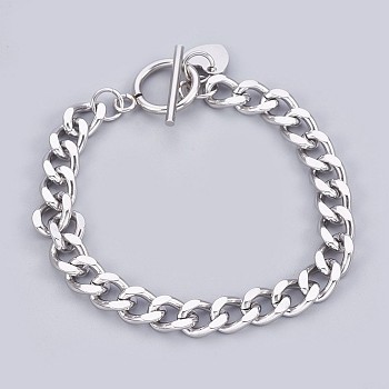 304 Stainless Steel Curb Chain Bracelets, with Toggle Clasps and Heart Shape Charm, Stainless Steel Color, 7-1/2 inch(19cm), 7.5mm