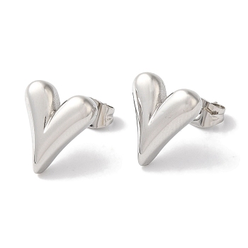 Non-Tarnish Heart Ion Plating(IP) 304 Stainless Steel Stud Earrings for Women, Stainless Steel Color, 13x11mm