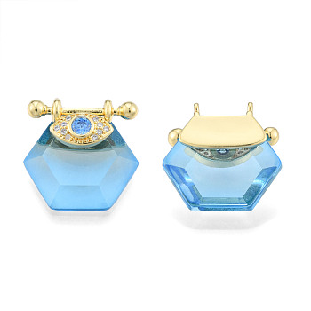 Brass Micro Pave Clear Cubic Zirconia Pendants, with Glass, Nickel Free, Real 18K Gold Plated, Hexagon with Eye, Light Sky Blue, 24x22.5x9mm, Hole: 1.8mm