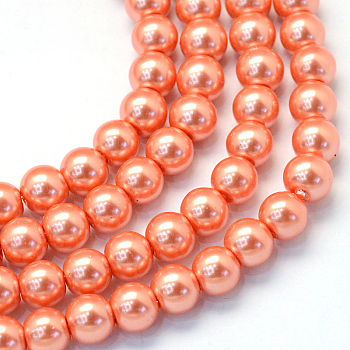 Baking Painted Glass Pearl Bead Strands, Pearlized, Round, Coral, 3~4mm, Hole: 0.5mm, about 195pcs/strand, 23.6 inch