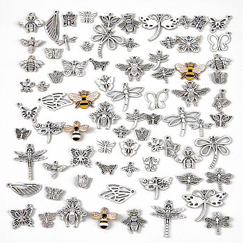 2 Sets 2 Style Tibetan Style Alloy Pendants, Butterfly & Dragonfly & Bees, Antique Silver, 9.5~31.5x11~28.5x1~3mm, Hole: 1.2~2mm, 1 set/style