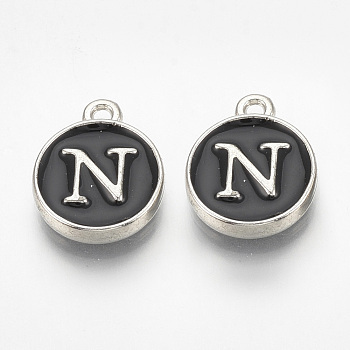 Alloy Enamel Charms, Flat Round with Letter, Platinum, Black, Letter.N, 14x11.5x2.5mm, Hole: 1mm