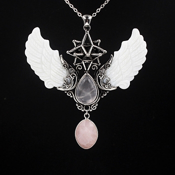 Natural Rose Quartz Angel Wing Big Pendants, Star Charms with Shell Wing, Antique Silver, 85x75x25mm