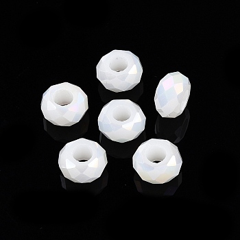 Imitation Jade Glass European Beads, Large Hole Beads, AB Color Plated, Faceted, Rondelle, White, 13~14x7.5~8mm, Hole: 5.5~6mm