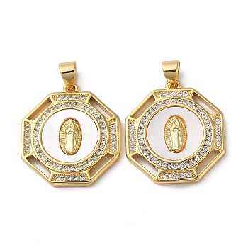 Brass Micro Pave Cubic Zirconia Pendants, with Shell, Flat Round with Saint, Real 18K Gold Plated, 23x20x3mm, Hole: 4x3.5mm