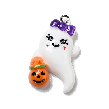 Halloween Opaque Resin Pendants, with Platinum Tone Iron Loops, Ghost with Pumpkin, White, 32x19x5.5mm, Hole: 2mm