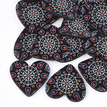 Printed Basswood Pendants, Back Random Color, Heart, Black, 33x34.5x3mm, Hole: 1.6mm
