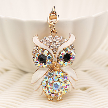 KC Gold Tone Plated Alloy Keychains, with Rhinestone and Enamel, Owl, White, 12.2x3.6cm