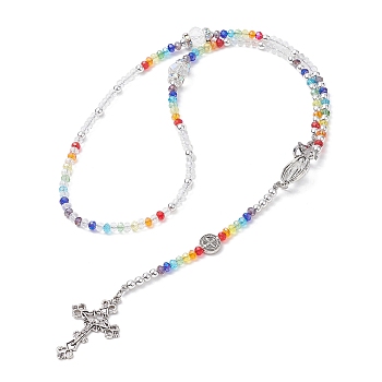 Glass Beaded Rosary Bead Necklaces, Alloy Saint Benedict & Cross Religion Necklace, Colorful, 27.95 inch(71cm)