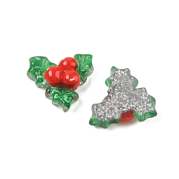 Christmas Series Cute Transparent Resin Decoden Cabochons, with Glitter Powder, Holly Leaves, 20.5x21x7mm