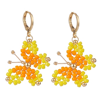 Glass Braided Butterfly Dangle Leverback Earrings, Gold Plated Brass Wire Wrap Jewelry for Women, Orange, 42mm, Pin: 0.9mm