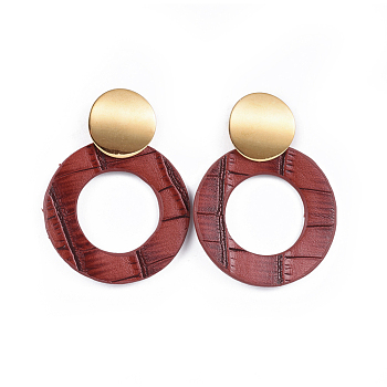 PU Leather Dangle Stud Earrings, with 304 Stainless Steel Stud Earring Findings, Ring, FireBrick, 57mm, pin: 0.8mm