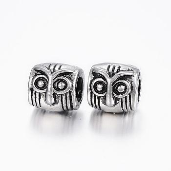 304 Stainless Steel European Beads, Large Hole Beads, Owl, Antique Silver, 10x10x11mm, Hole: 5mm