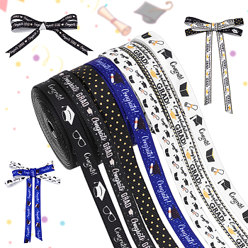 7 Roll 7 Colors Congrats Theme Polyester Printed Grosgrain Ribbon, for Gift Wrapping, Mixed Color, 3/8 inch(10mm), 1 roll/color