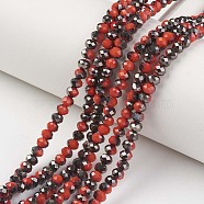 Electroplate Opaque Glass Beads Strands, Half Black Plated, Faceted, Rondelle, Dark Red, 4x3mm, Hole: 0.4mm, about 123~127pcs/strand, 16.5~16.9 inch(42~43cm)(EGLA-A034-P4mm-P15)