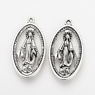 Tibetan Style Alloy Pendants, Miraculous Medal, 1830 The Blessed Virgin Mary, Cadmium Free & Lead Free, Oval, Antique Silver, 36x20x3mm, Hole: 2mm(X-TIBEP-Q078-38AS-RS)