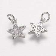 Brass Micro Pave Grade AAA Cubic Zirconia Charms, Lead Free & Nickel Free & Cadmium Free, Star, Real Platinum Plated, 9x7.5x1.5mm, Hole: 2mm(X-ZIRC-K059-13P-NR)