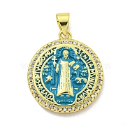 Rack Plating Brass Micro Pave Cubic Zirconia Pendants, with Enamel Cadmium Free & Lead Free, Real 18K Gold Plated, Flat Round, Dodger Blue, 22x20x4mm, Hole: 4.5mm(KK-B091-22G-03)