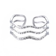 304 Stainless Steel Triple Line Wave Open Cuff Ring, Chunky Hollow Ring for Women, Stainless Steel Color, US Size 7(17.3mm)(RJEW-T023-02P)