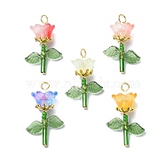 Flower Transparent Glass & Golden Pendants, with Golden Tone 304 Stainless Steel Loops, Mixed Color, 28.5x17x10mm, Hole: 2.5mm(PALLOY-TA00098)
