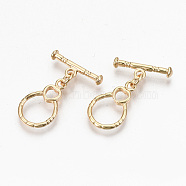 Brass Toggle Clasps, with Jump Rings, Nickel Free, Ring with Heart, Real 18K Gold Plated, 27mm, Bar: 6x18x3mm, Hole: 2mm, Ring: 19x12x1mm, Hole: 2mm, Jump Ring: 5x1mm, 3mm inner diameter(X-KK-N231-218-NF)