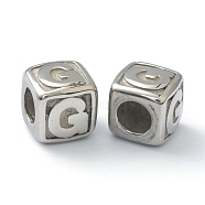 304 Stainless Steel European Beads, Large Hole Beads, Horizontal Hole, Cube with Letter, Stainless Steel Color, Letter.G, 8x8x8mm, Hole: 4mm(STAS-H145-01G-P)