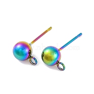 Rainbow Color 304 Stainless Steel Ball Stud Earring Post, Stud Earring Findings, with Horizontal Loops, Rainbow Color, 17x6mm, Hole: 3mm(STAS-C043-65C-M)