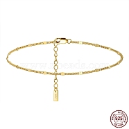 925 Sterling Silver Curb Chain Anklet with Rectangle Charm, Women's Jewelry for Summer Beach, with S925 Stamp, Real 14K Gold Plated, 8-7/8 inch(22.5cm)(AJEW-F162-001G)