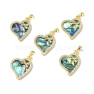 Abalone Shell/Paua Shell Pendants, with Brass & Glass Findings, Asymmetrical Heart with Bowknot Charm, Real 18K Gold Plated, 20.5x16x2.5mm, Hole: 4.5x2mm(KK-P223-11G)