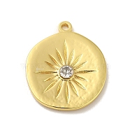 304 Stainless Steel Pendants, with Rhinestone, Flat Round with Sun Charm, Real 18K Gold Plated, 28.5x23.5x4mm, Hole: 2mm(STAS-Q322-29G-03)