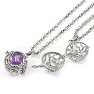 Brass Enamel Pendant Necklaces, Iron Rolo Chains, Round with Footprint Pattern, Platinum, Purple, 32.68 inch(830mm)(NJEW-G089-07P-01)