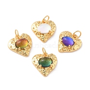 Eco-Friendly Brass Pendants, with Glass & Glitter Powder, with Jump Ring, Real 18K Gold Plated, Long-Lasting Plated, Heart, Mixed Color, 15x14x7mm, Jump Ring: 5x0.7mm, Inner Diameter: 3.6mm(KK-H762-05G)