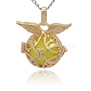 Golden Tone Brass Cage Pendants, Hollow Round with Wing, with No Hole Spray Painted Brass Round Ball Beads, Champagne Yellow, 26x29x20mm, Hole: 3x8mm(KK-J213-12G)