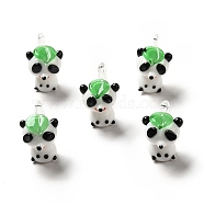 Handmade Lampwork Pendants, Panda Charms with Leaf, Lime Green, 24~25x15~16x18~21mm, Hole: 2~2.5mm(LAMP-G156-11A)