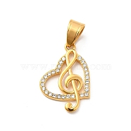 304 Stainless Steel Crystal Rhinestone Pendants, Heart & Music Note Charm, Music Lover Charm, Golden, 26x18x3mm, Hole: 7x5mm(STAS-K243-39G)