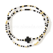 2Pcs Bohemian Glass Seed Beaded Stretch Bracelet Sets, Cross Bracelets for Women, Black, 6-1/2 inch(16.5cm)(XM0961-1)