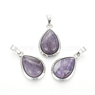Natural Amethyst Pendants, with Brass Findings, teardrop, Platinum, 26x16~17x8~10mm, Hole: 8x5mm(G-L512-C19)